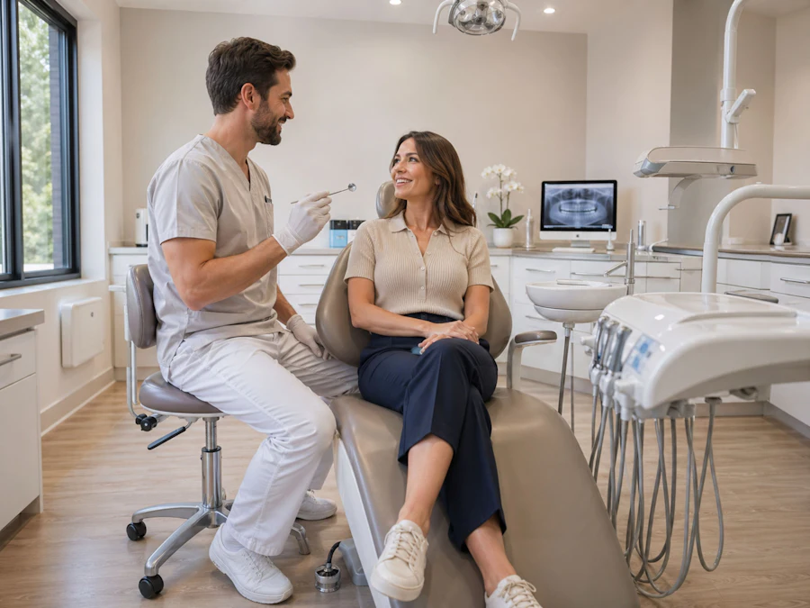 Dentista atendiendo a una paciente en su consulta